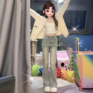 Spring and Autumn American Style Retro High Street Micro-flared Jeans Women's Autumn Short Summer Loose Straight Wide Leg Pants