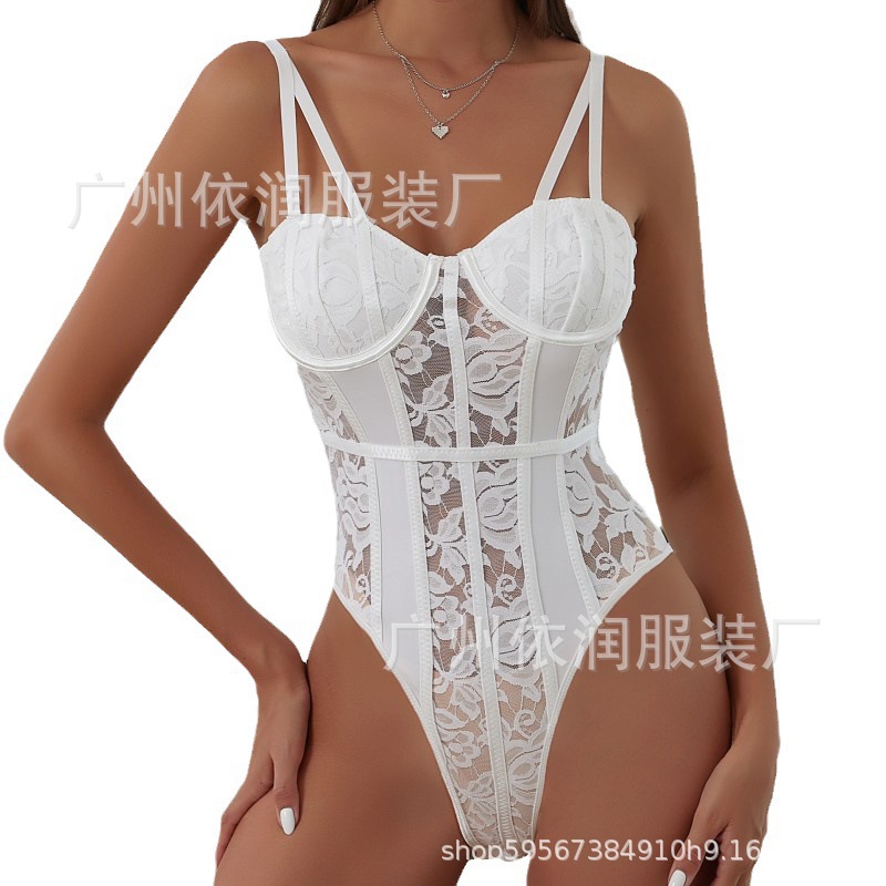 2024 modelos de otoño europeo y americano, tirantes sexy ajustados, chicas calientes, mono de encaje transparente, corsé con anillo de acero