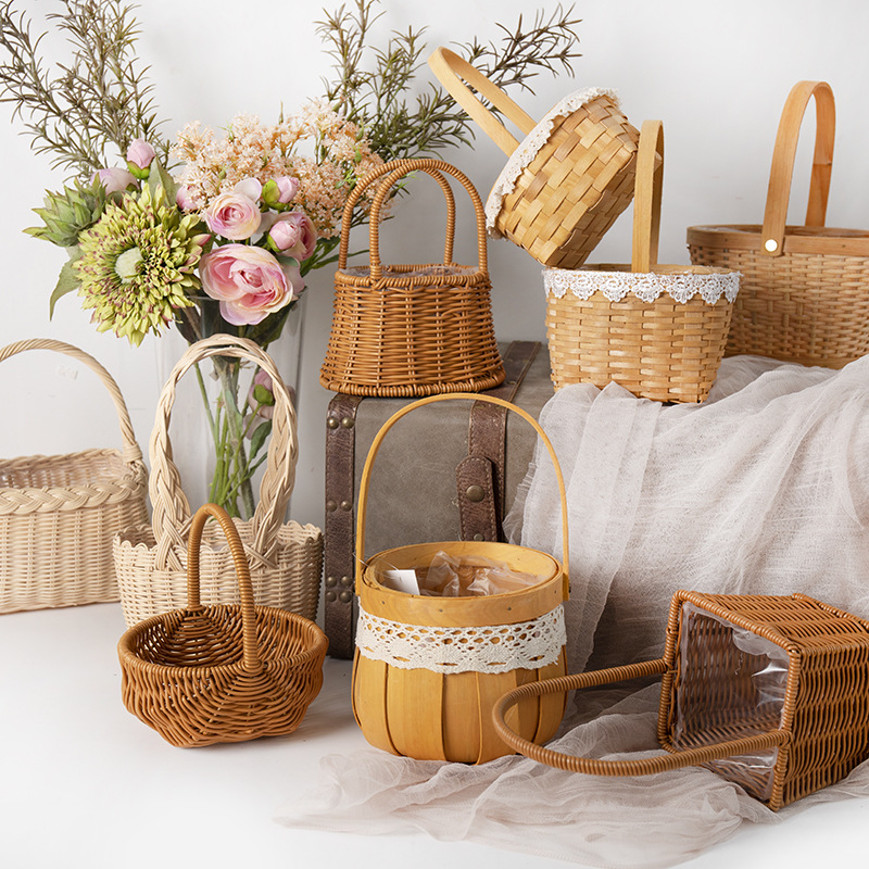 时尚创意手提花篮手工编织花篮竹编藤编花篮花束插花篮手提篮花