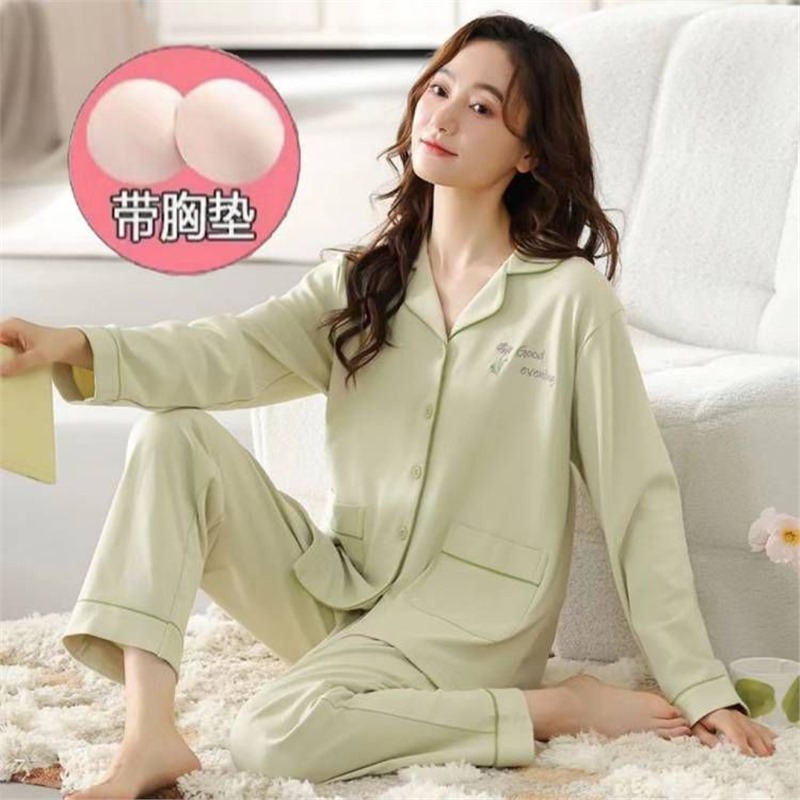 Wear-free Bra with Chest Pad 100 Pure Cotton Pajamas Women's Spring and Autumn Long Sleeve Middle-aged and Young People Loose Outer Wear Home Clothes