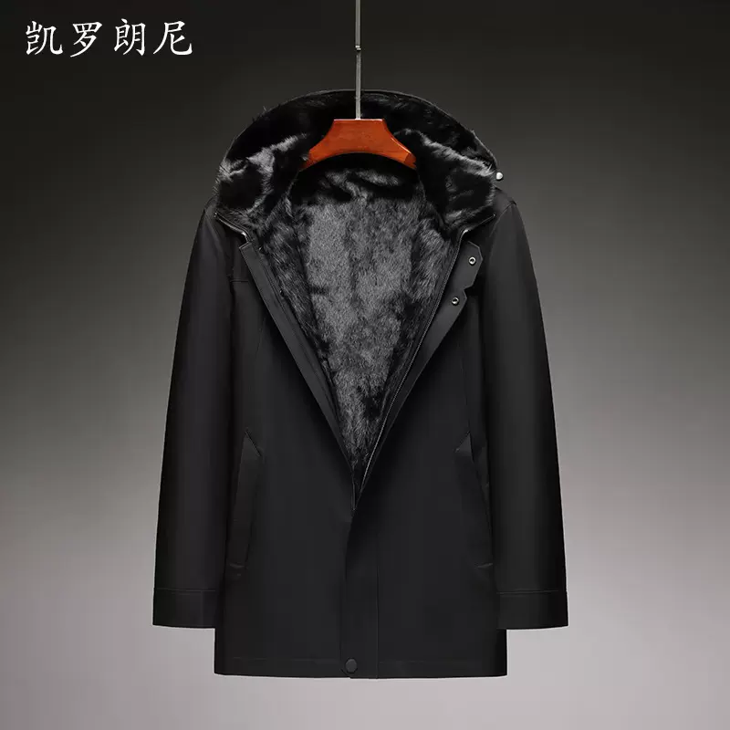 派克服男水貂内胆冬季长款连帽中老年皮毛一体皮草尼克服外套男士