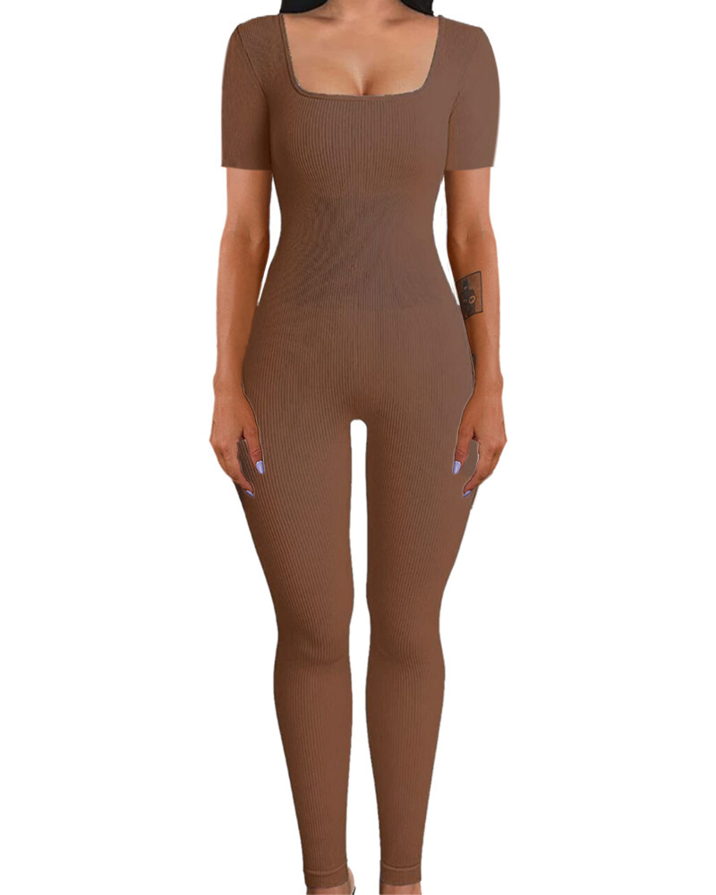 Women's Tight Jumpsuit Sexy Square Neck Solid Colour Hip Lifting_voghion.com