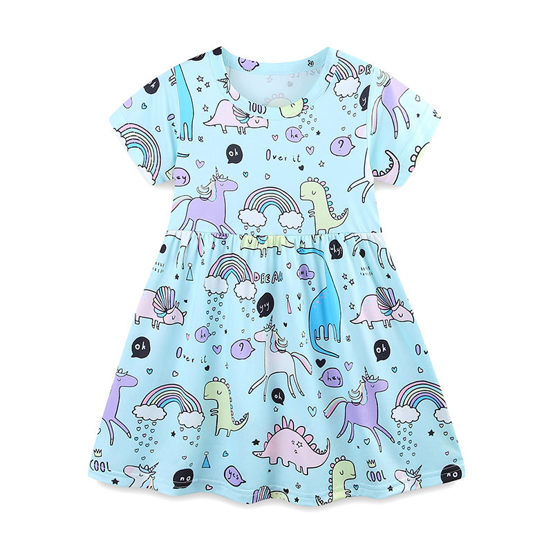 Vestido de niña de estilo europeo y americano 26 verano nuevo vestido de princesa de cuello redondo impresión de dibujos animados vestido infantil de mangas cortas un cabello image 7