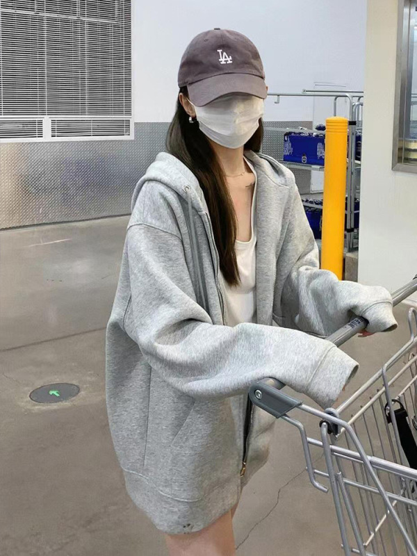 灰色连帽卫衣女春秋季2025新款早秋外套韩系慵懒风小个子开衫上衣|undefined