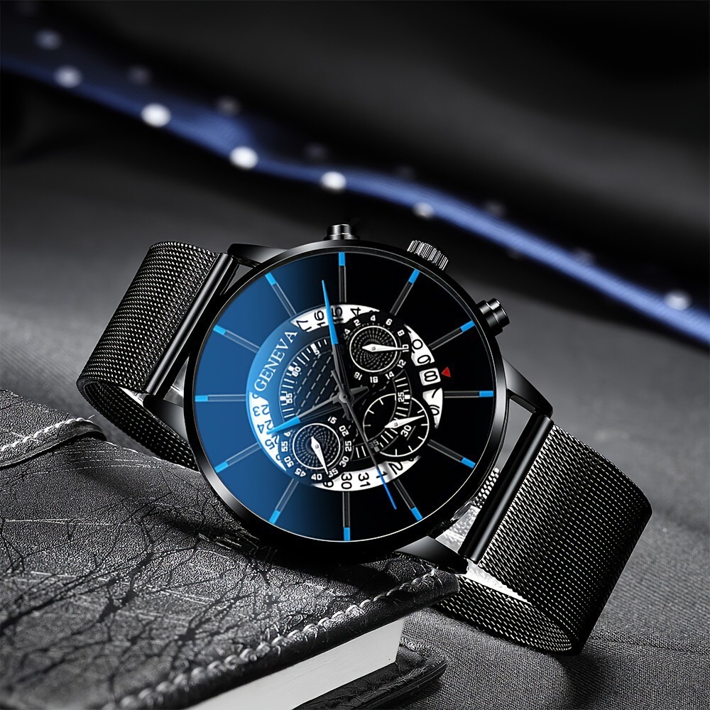 Orologio da uomo popolare di vendita calda con cinturino in maglia con calendario, orologio da polso al quarzo a tre occhi, elegante e di alta qualità_voghion.com