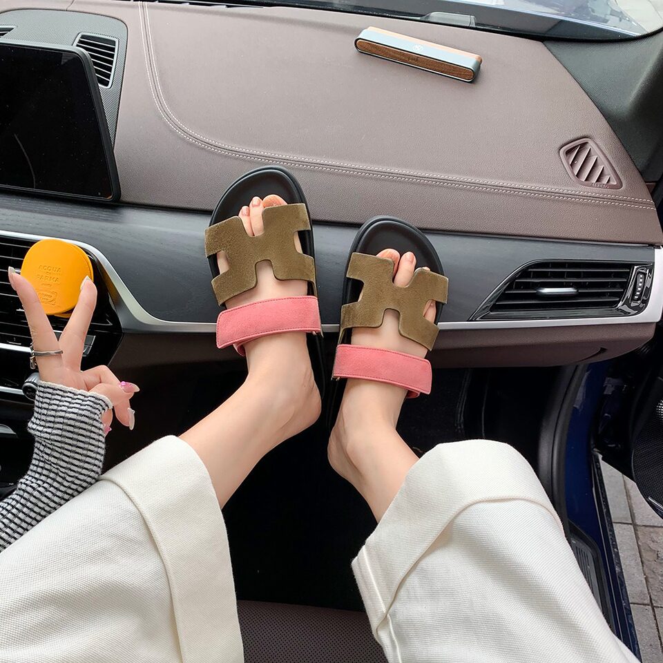 Dép sandal nữ quai ngang xỏ ngón đế dày, khóa dán tiện lợi, đi ngoài mùa hè — Màu trắng, Màu đen, Xanh denim phối nâu, Xanh mực ghép Hồng