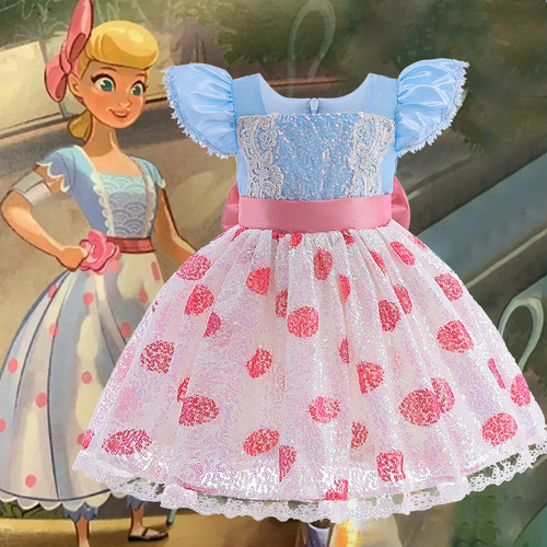 Foreign Trade Toy Story Shepherdess Dress for Girls, Fly Sleeve Princess Dress with Lace and Polka Dot Fabric
