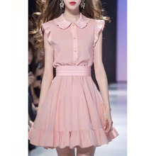 2024夏季新款茶歇法式超好看高端精致粉色娃娃领小飞袖衬衫连衣裙