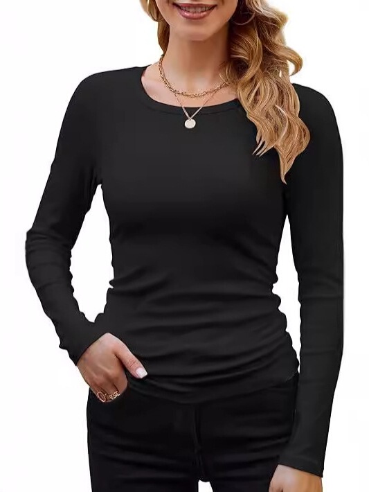 Cross-border women's Amazon women's new rib rayon fabric basic round neck solid color long sleeve T-shirt