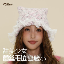 蕾丝花边甜美毛线帽女秋冬帽子显脸小氛围帽子小香风可爱针织帽子