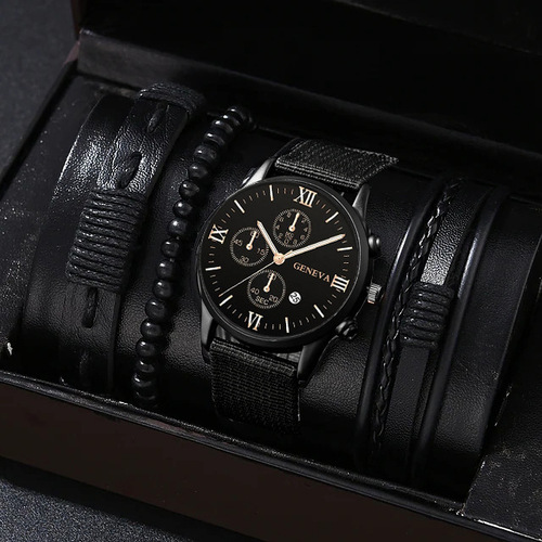 Men's bracelet watch set Single calendar fake three-eye canvas quartz watch + PU bracelet set Men's watch