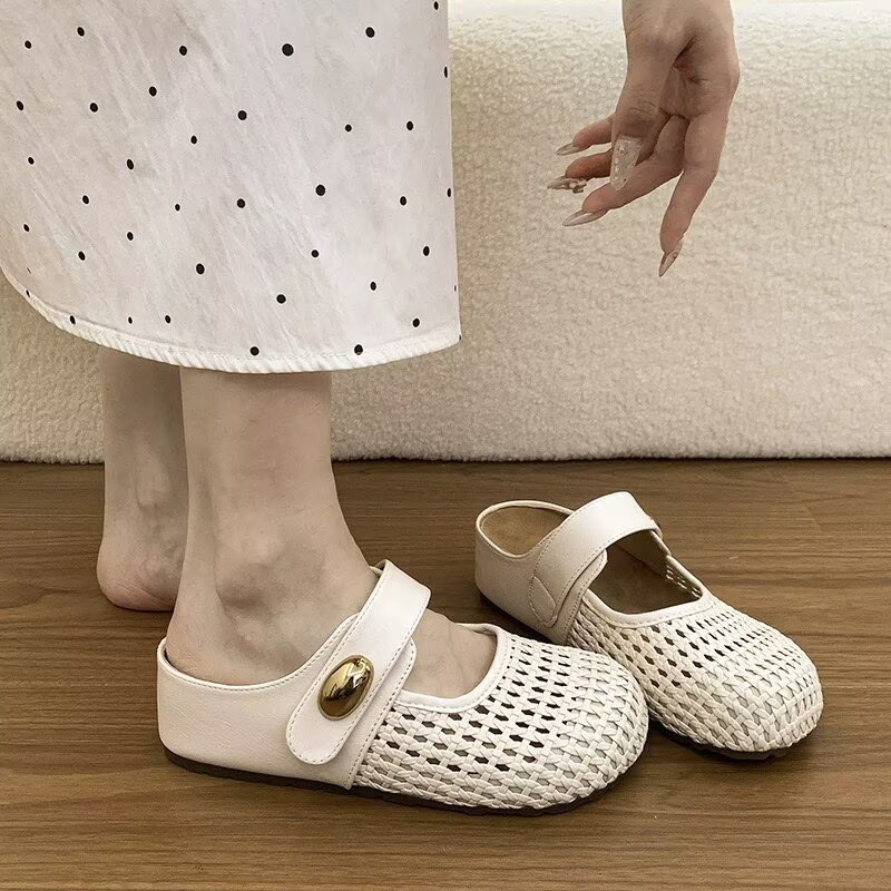 Modas extranjeras plateadas tejidas a mano zapatos marizhen para mujeres 2026 verano nuevas zapatillas de cabeza de un pie de moda image 3