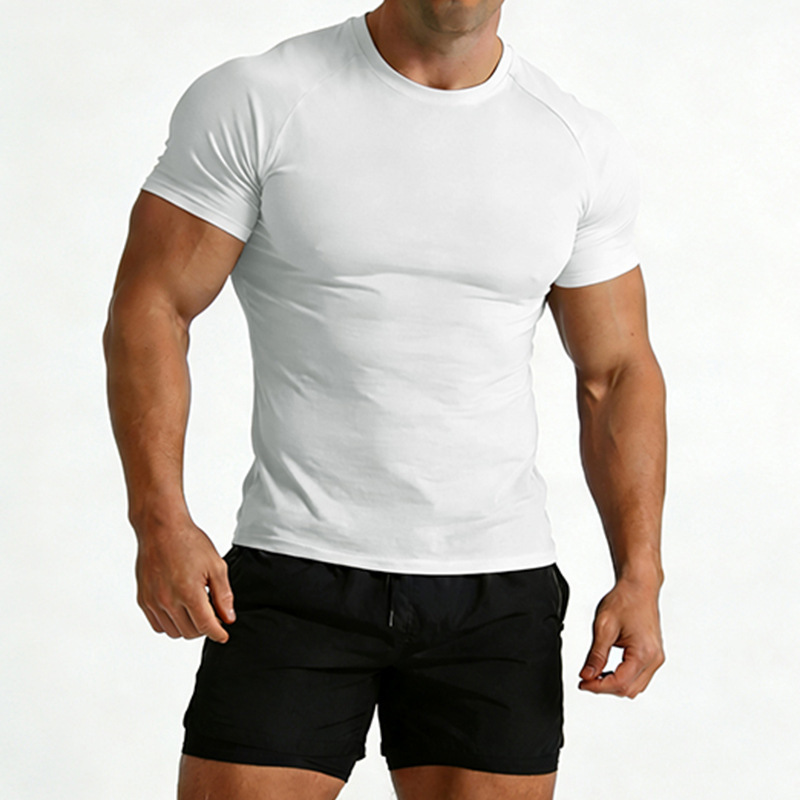 Summer Men's Fitness Quick-Dry Short-Sleeve T-Shirt, Solid Color Round Neck, Tight-Fitting Sports Training Breathable Stretch Top
