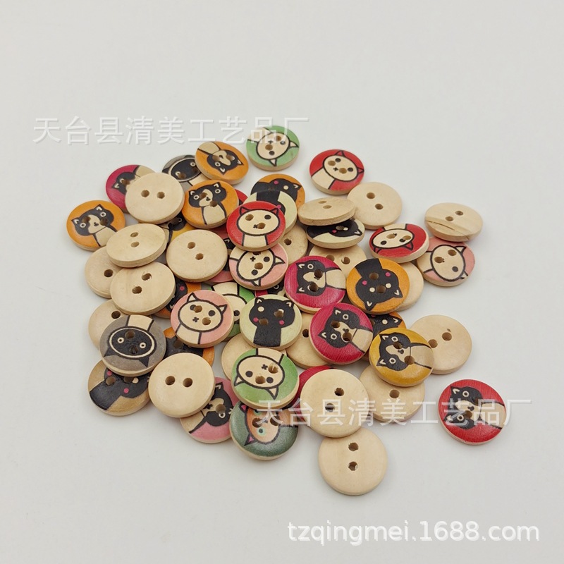 Botón mezclado animal del gato de la historieta 100 un paquete botón de madera Animal de la historieta natural de 15m