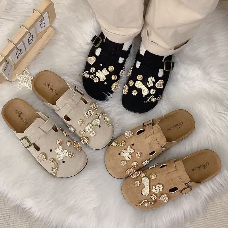 New Birkenstock Shoes for Women, Cartoon Golden White Bear Outer Wear, Cool and Sweet Flat-Soled Bag and Half Slippers, Birkenstock Shoes