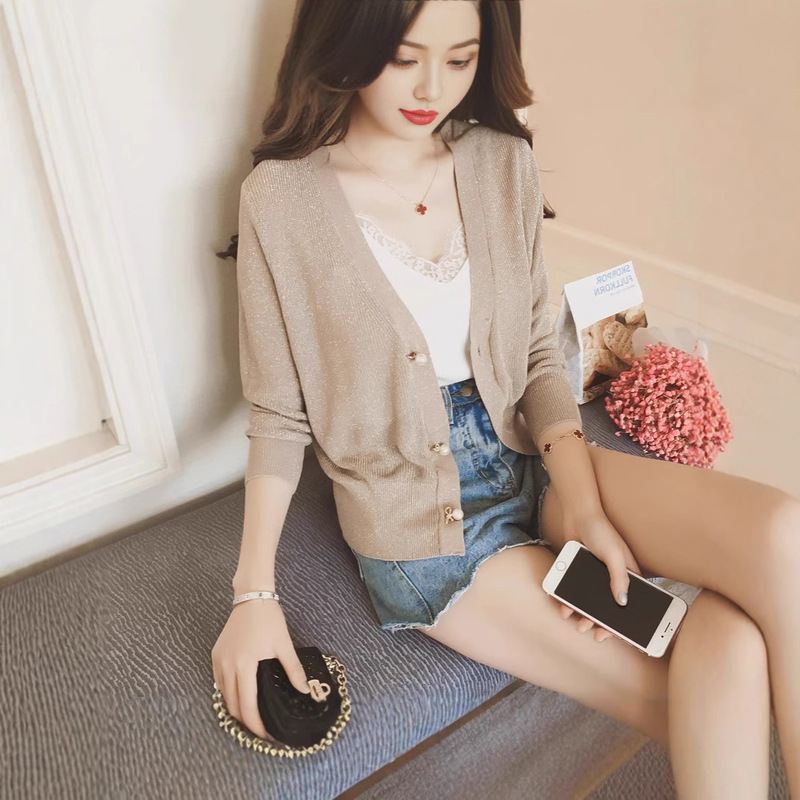Spring and Summer Bright Silk Short Coat Women's V-neck Knitted Cardigan Thin Slim-fit Sunscreen All-match Air-conditioning Short Shirt