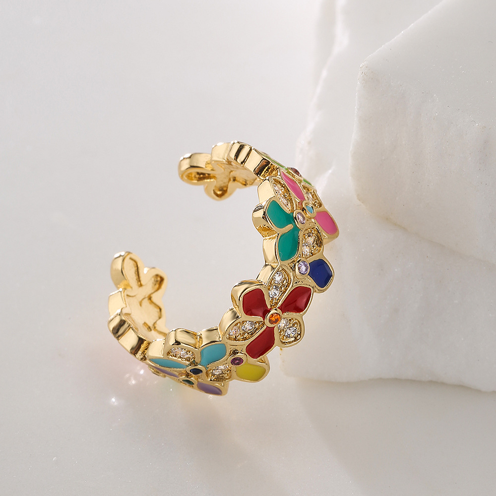 Fashion Flower Copper Enamel Gold Plated Zircon Open Ring 1 Piece