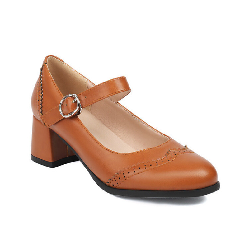 Academy-Style Round-Toe Buckle Mid-Heel Large Size Women's Shoes for Spring and Autumn, Export Cross-Border 16-1