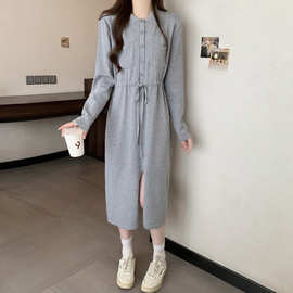 实拍秋冬开叉Polo领连衣裙欧货小众休闲宽松系带遮肚子百搭卫衣裙