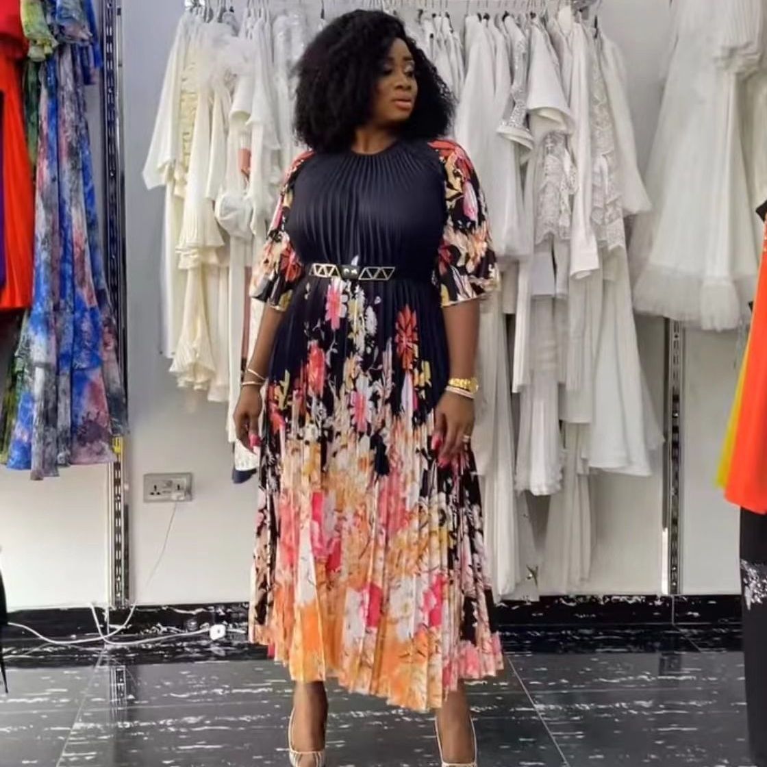 Women's Clothing pleated mid sleeve printed belt new style dress round neck women's pleated skirt_voghion.com