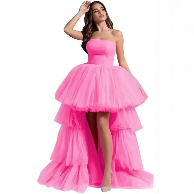 High-Waisted Sheer Ball Gown with Long, Strapless, Layered Formal Dress and Evening Gown Paired with a Train Party Dress High-Waisted Sheer Ball Gown with Long, Strapless, Layered Formal Dress and Evening Gown Paired with a Train Party Dress