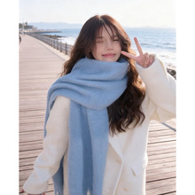 韩国秋冬新品围巾女浅蓝色松保暖加厚围脖纯色马海毛围巾跨境代发