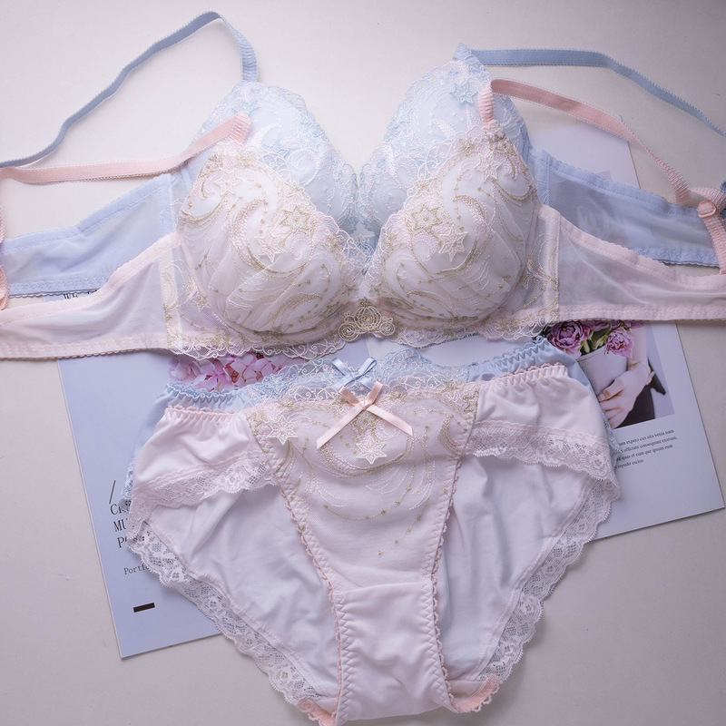 Japanese-style sweet and sexy embroidered lingerie set, featuring a comfortable, low-cut, and supportive bra that enhances the bustline Japanese-style sweet and sexy embroidered lingerie set, featuring a comfortable, low-cut, and supportive bra that enhances the bustline