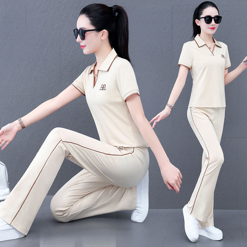 Middle-aged mother wide-leg trousers casual sports suit women's summer ice silk quick-drying elastic contrast lapel two-piece set
