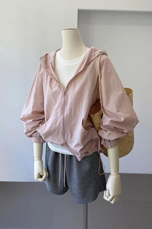 Korean Style Pink Lightweight Hooded Sun Protection Jacket for Women 2026 Spring and Summer New Style Super Stylish Casual Short Windbreaker Trendy