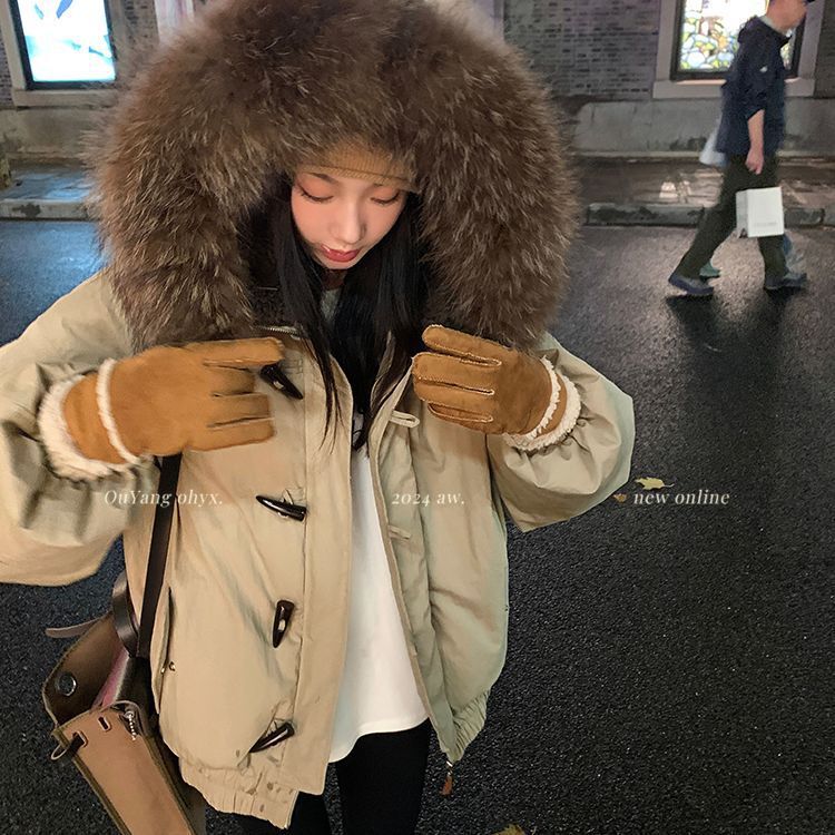 反季毛领棉服克服2025冬季新款棉衣美式复古加厚保暖牛角连帽外套|undefined