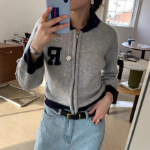 2025秋季新款韩国东大门Ri*bonbit100羊毛翻领毛衣拉链针织开衫