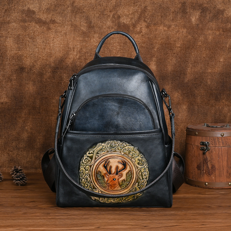Ba lô da bò nữ cỡ lớn thiết kế đầu hươu phong cách vintage — Màu đen cổ điển, Cà phê cổ điển, Màu nâu cổ điển