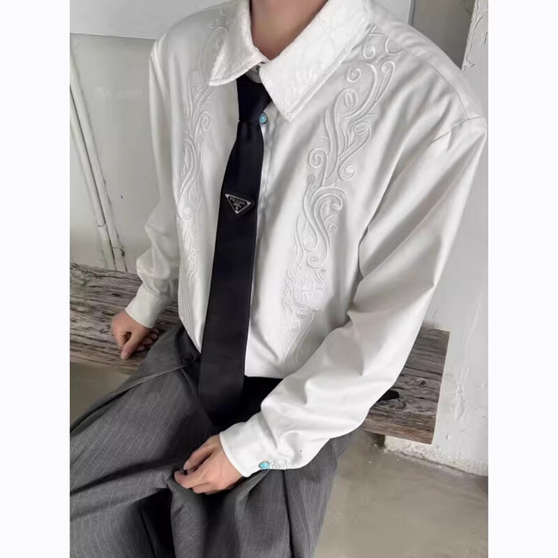 Hollow-Out Lace Three-Dimensional Embroidered Shirt for Men, Summer Elegant Old Money Style, Long-Sleeve Shirt for Layering, Trendy