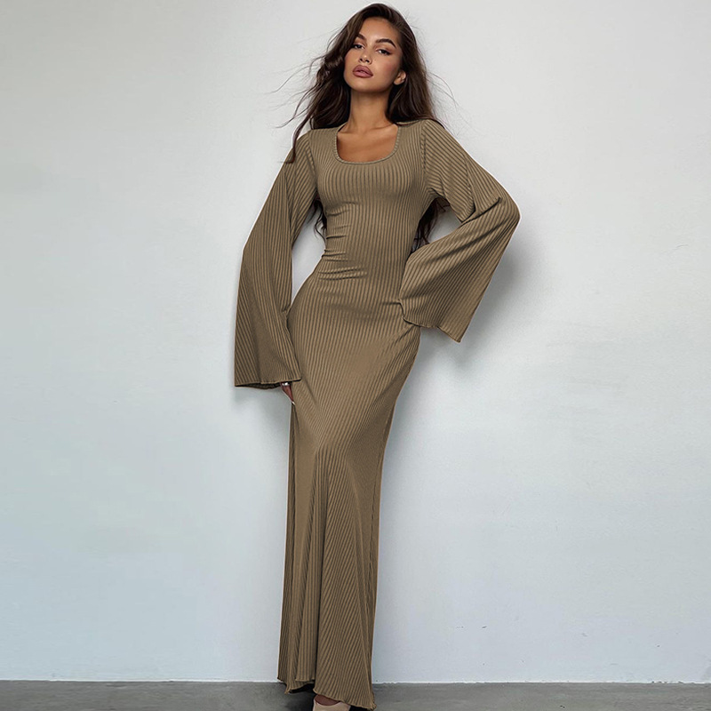 women's clothing 2023 autumn new fashion loose U-neck back tie long-sleeved dress_senzul.com