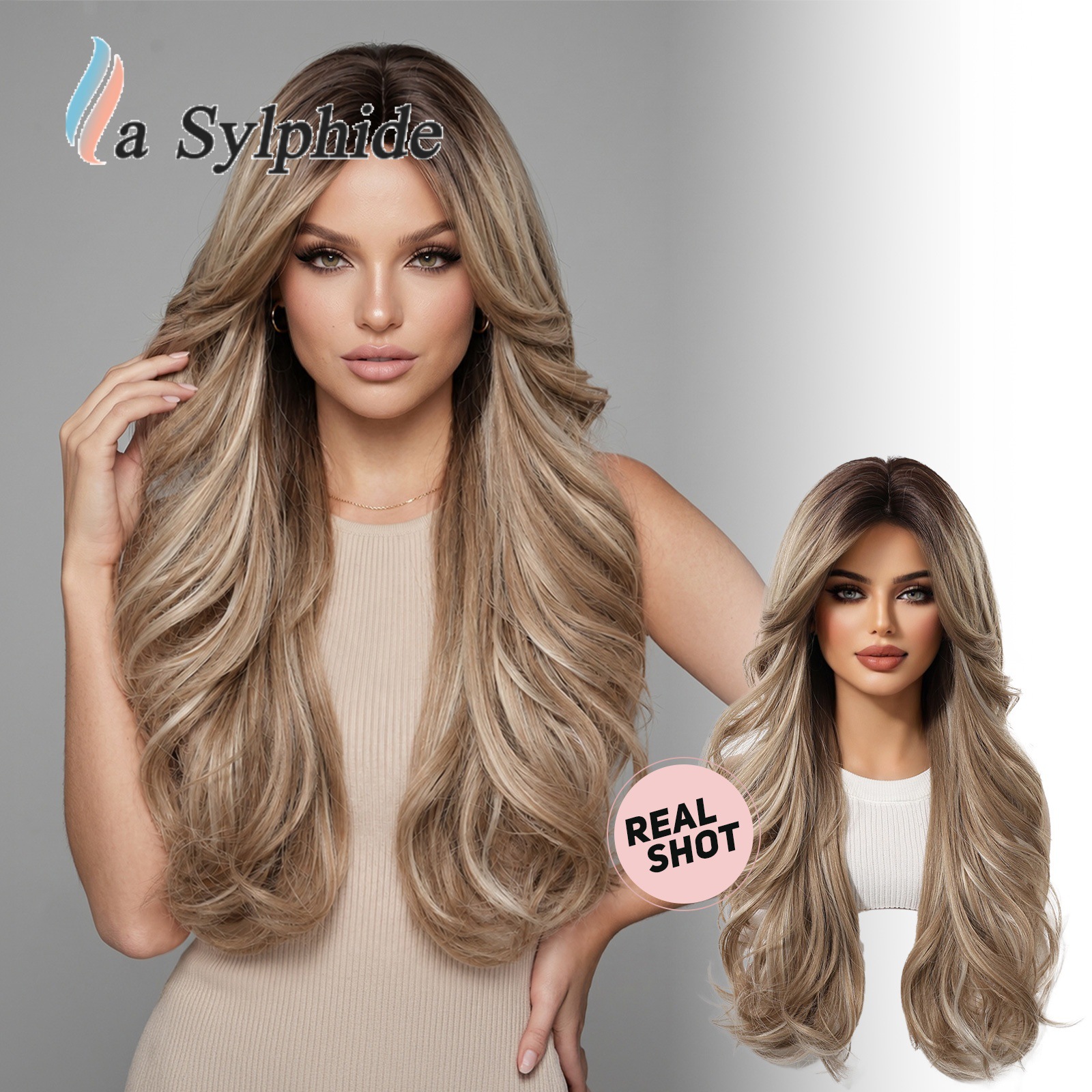 Wig for Women with Middle-Parted Bangs, Gray-White Headgear, Chemical Fiber High-Temperature Silk, Cross-Border Multi-Layered Curly Hair, Smooth and Natural