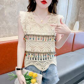 无袖 t恤女背心2023年新款夏季镂空针织衫时尚洋气设计感冰丝上衣