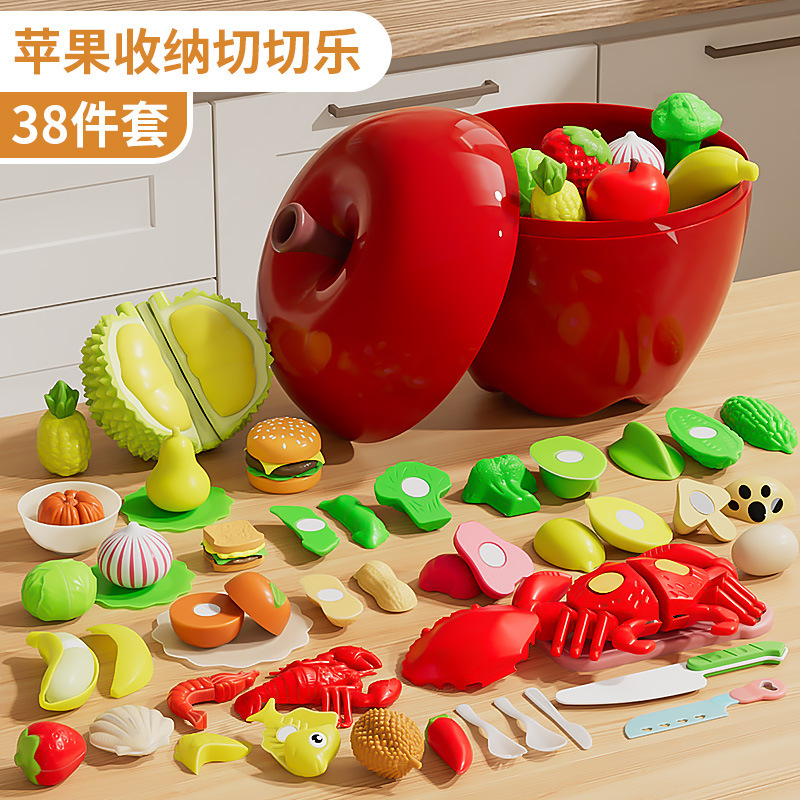 Frutas cortadas y cortadas, cáscaras pelables, juguetes de puzzle para niños, ejercicios cognitivos para bebés, almacenamiento en barril de manzana