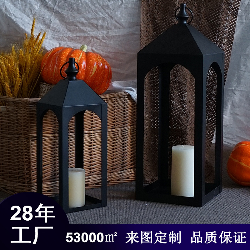 简约北欧轻奢复古风灯户外铁艺手提摆件样板房落地玻璃浪漫烛台