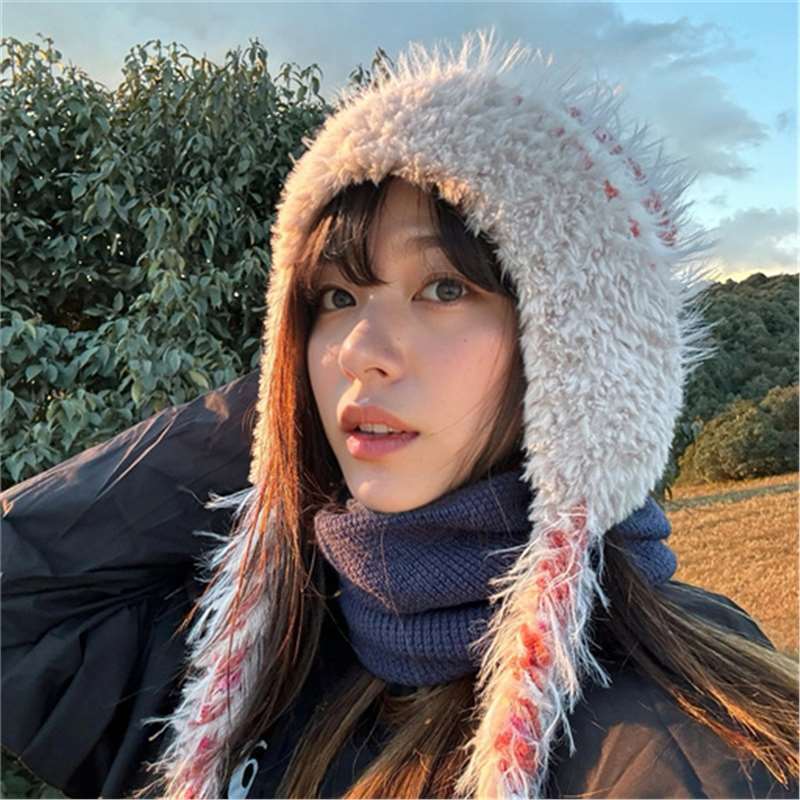 民族风帽子条纹拼接针织毛线帽秋冬女加厚保暖防寒护耳套头帽雷锋|undefined