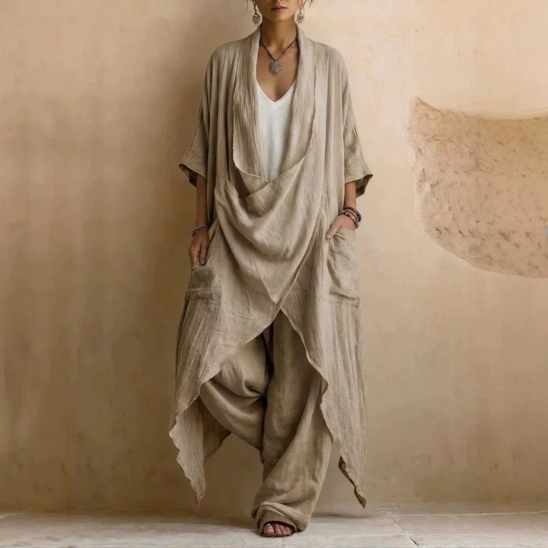 The 2026 new collection of casual bohemian-style sets includes two pieces: a long linen-cotton top and a pair of long pants The 2026 new collection of casual bohemian-style sets includes two pieces: a long linen-cotton top and a pair of long pants