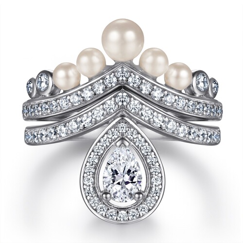 Pure Silver Jewelry Set for Women High-end European and American 925 Silver Crown Ring Tassel Pearl Earrings Light Luxury V-Shape Necklace 