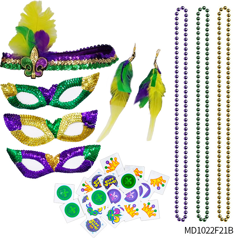 Accesorios para el Cabello de Carnaval de Mardi Gras, Máscara Tricolor, Corbata de Moño, Cadena de Cuentas Electrochapadas, Conjunto para Fiesta de Carnaval