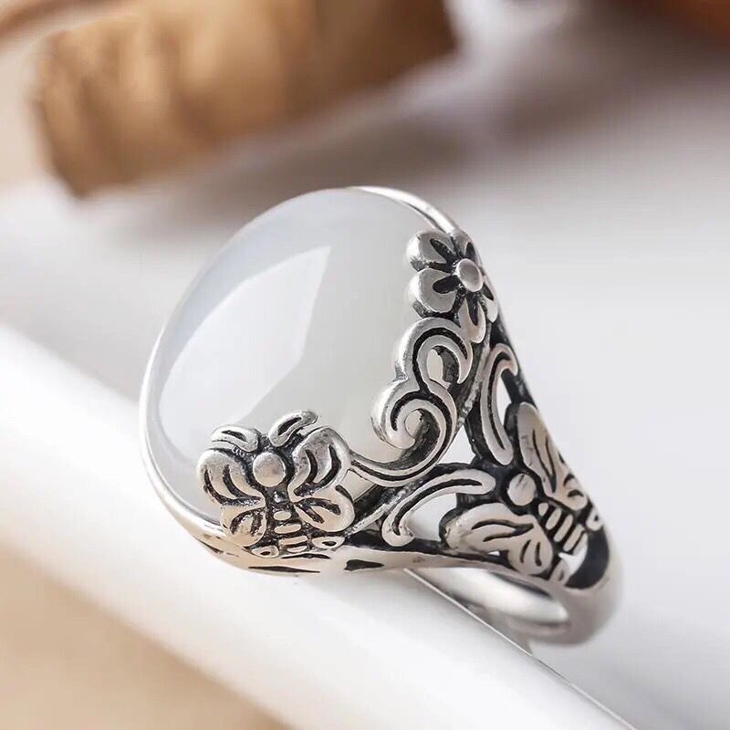 Vintage Silver Butterfly Flower Ring For Women Adjustable Jade_voghion.com