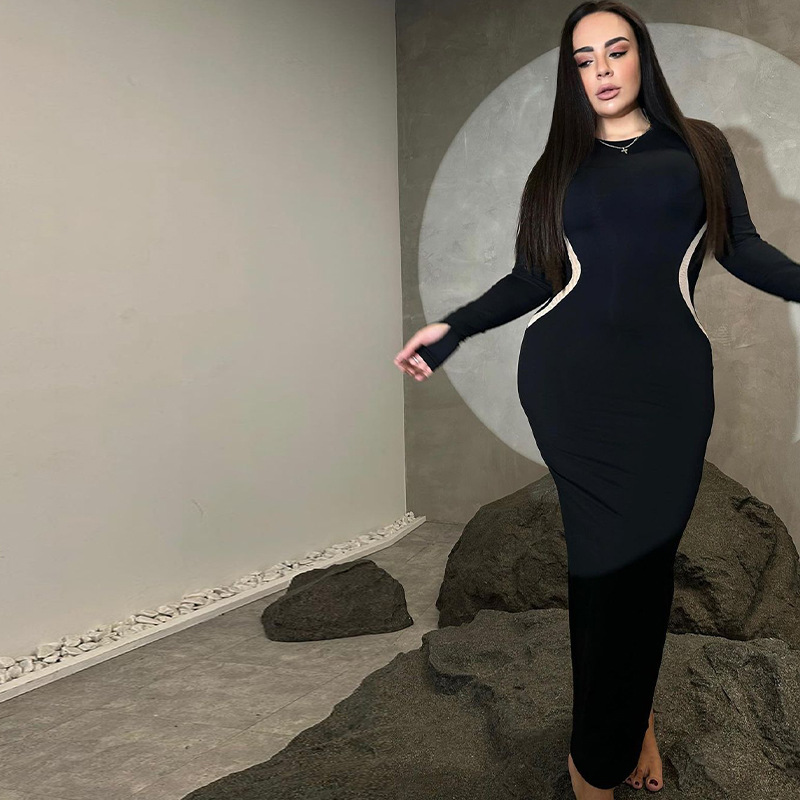 Women's Slim Fit Long Sleeve Round Neck Dress In Solid Colour_voghion.com