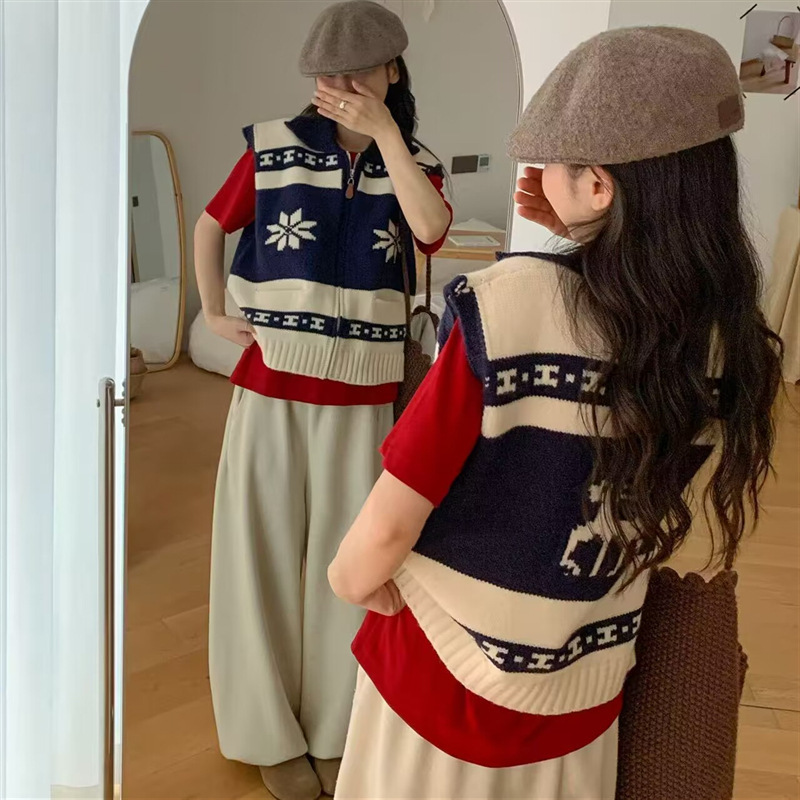 秋冬新款复古提花卡通Polo翻领针织马甲女慵懒风宽松叠穿毛衣背心|undefined