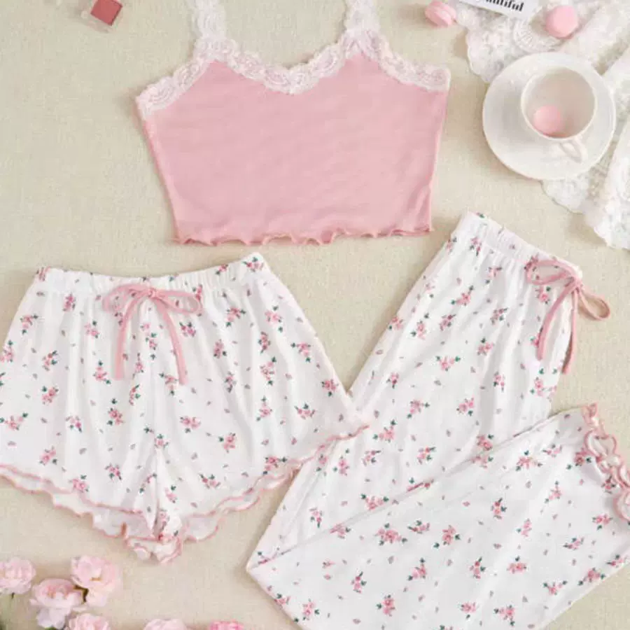 跨境2025年新款睡衣女春夏甜美可爱三件套吊带短裤长裤性感家居服