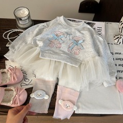 韩版童装2025新款秋季女童拼纱小熊卫衣儿童卡通拼接打底裤两件套