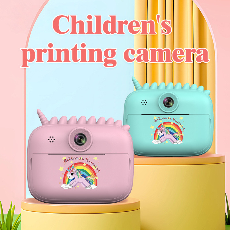 Children's Polaroid Digital Hd Dual Camera Large Screen Cartoon Photo Instant Printing Rainbow Horse Portable Camera