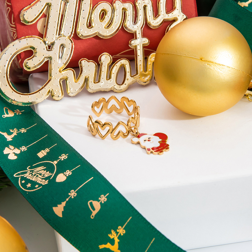 Santa Claus, Christmas Socks Pattern PVD Coated Real Gold Plated Santa Claus Christmas Socks 304 Stainless Steel Cute Modern Style Classic Style Waterproof Non Tarnish Charm Rings Open Rings