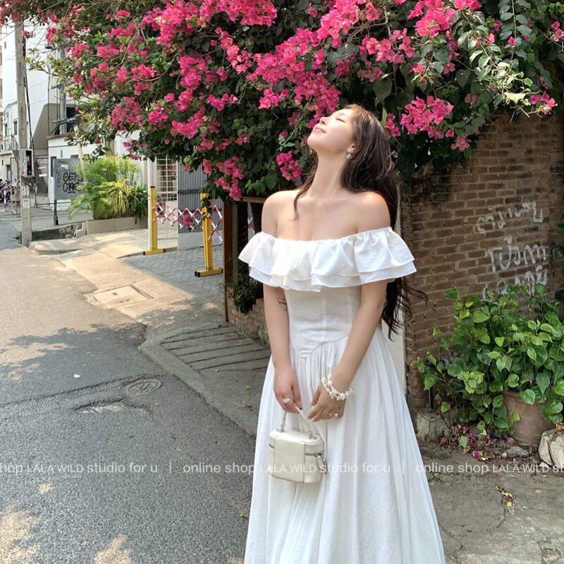 One-Shoulder, Two-Way Wear, French-Style Large Hem, Lyocell Long Dress, Waist-Cinching, Plus-Size, Slimming, White Chiffon Dress, Tie-Dye